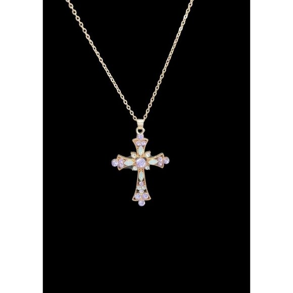 Sparkling Purple Rhinestone & Faux Opal Cross Pendant Necklace 19" Gold Plated - Picture 9 of 16